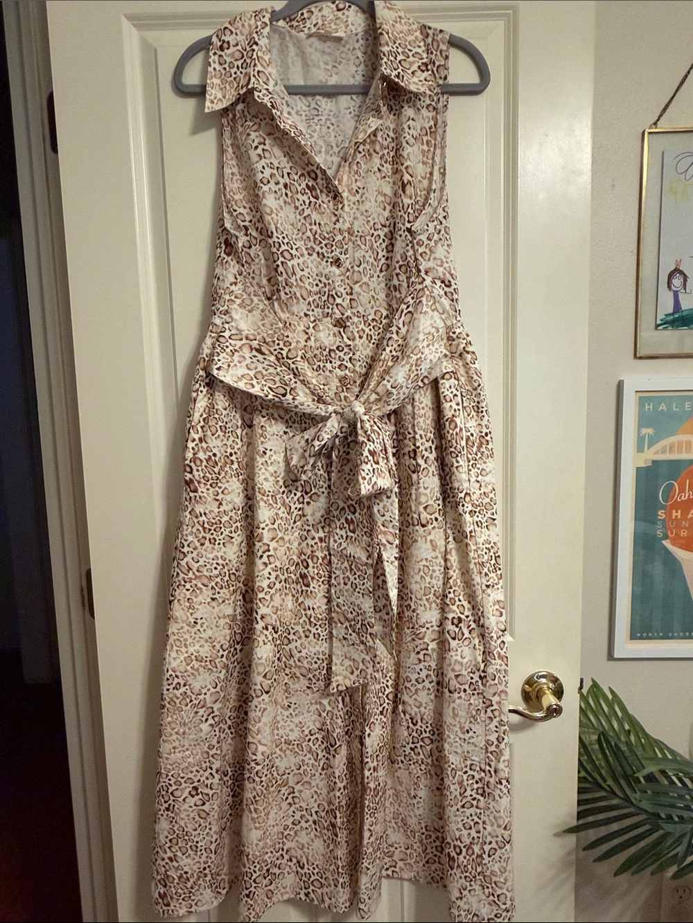 Entro Sleeveless Beige Leopard-Print Tie-Waist Midi Dress